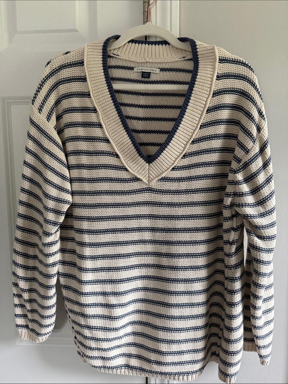 American Eagle Outfitters Cream and Navy Striped V-Neck Sweater